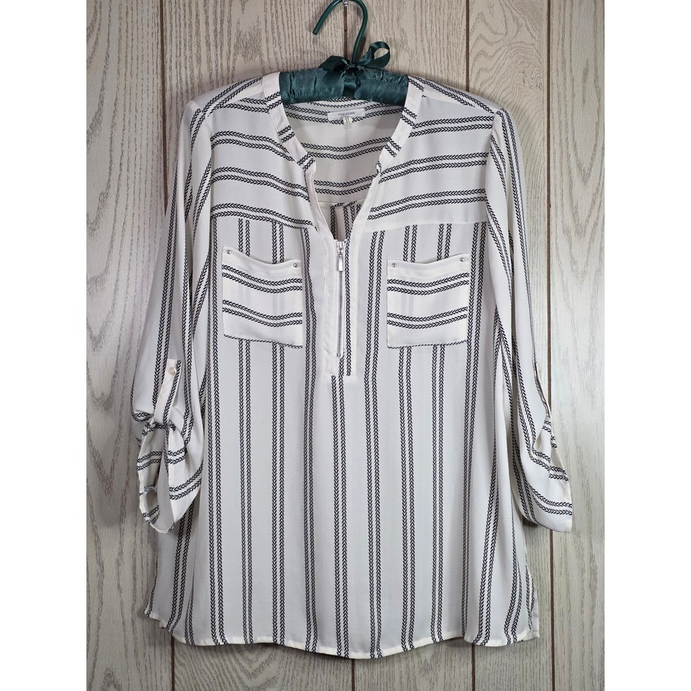 Maurices Womens Large White Navy Striped Half Zip Roll Tab Sleeve Blouse Top